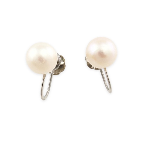 Vintage Genuine Pearl 14K White Gold Screw Back Earrings